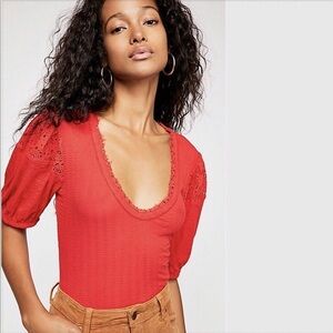 Free People St. James Black Crochet Lace Tee Top Red Small Size XS